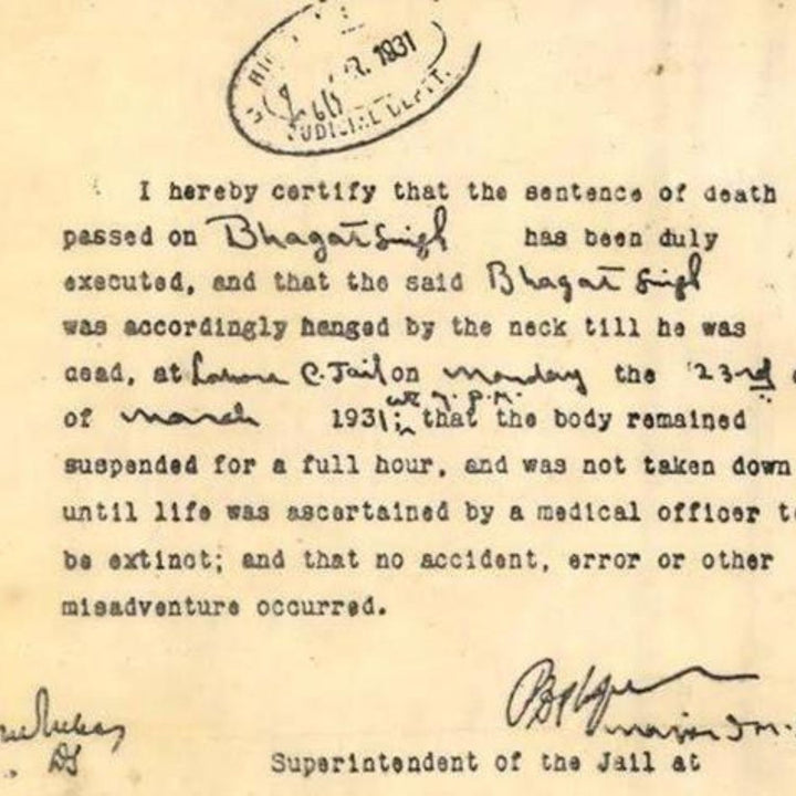 The jail superintendent's certificate that Bhagat Singh was hanged on 23 March 1931.