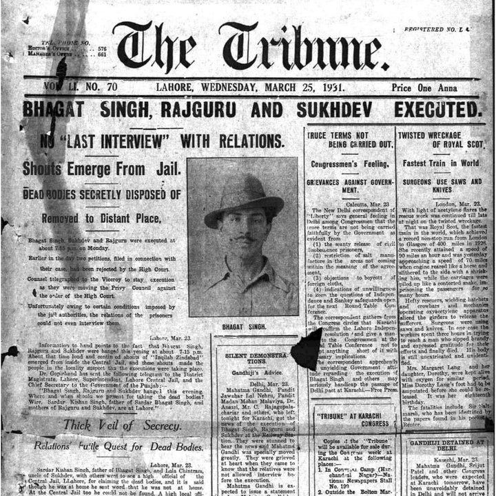 The Tribune, 25 March 1931: Bhagat Singh, Rajguru and Sukhdev executed.